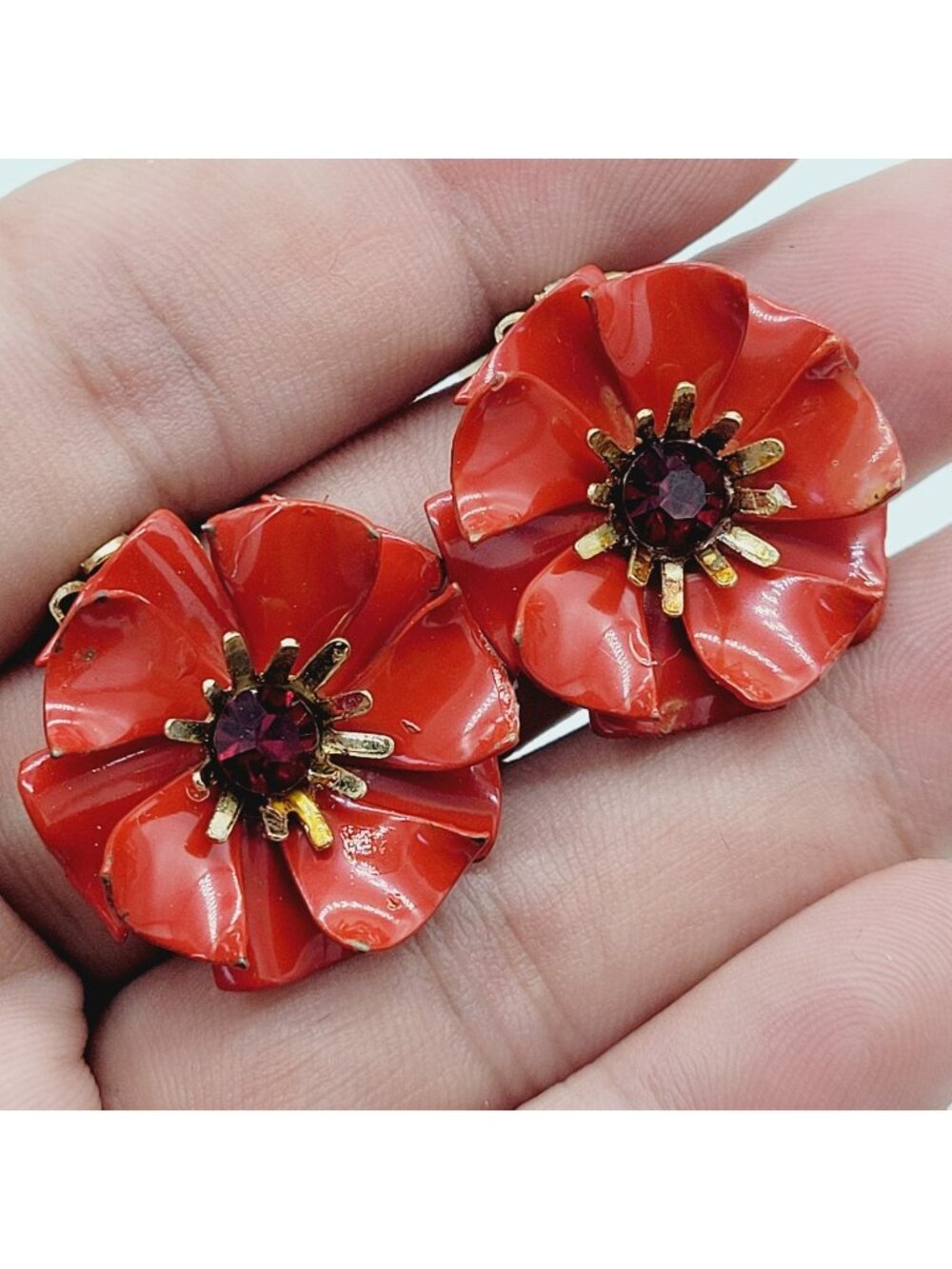 Vintage Coro Red Enameled Flower Earrings 1" Gold Tone Clip On